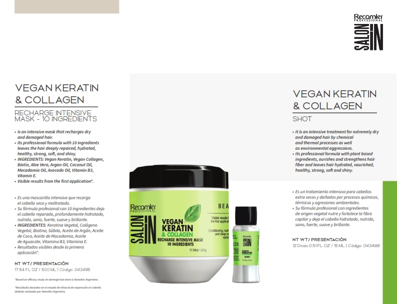 Recaimer Salon IN Vegan Keratin & Collagen Hair Recharge Intensive Mask / Mascarilla Intensiva Recargadora de Cabello con Keratina y Colágeno Vegano de Recaimer Salon In